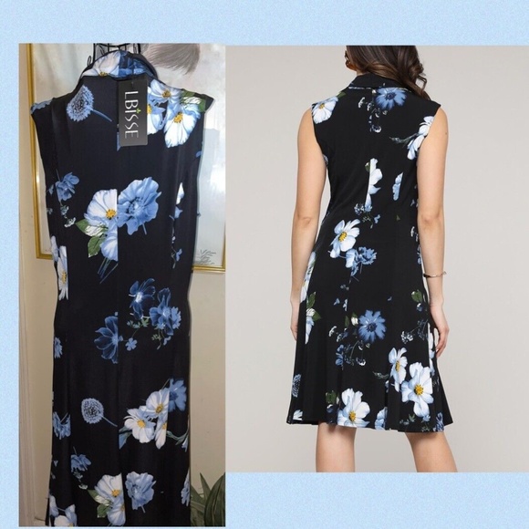 LBISSE FLORAL "TWIST-ACCENT" V-NECK DRESS~BLACK, BLUE, WHITE~SLEEVELESS~LARGE - Picture 2 of 6